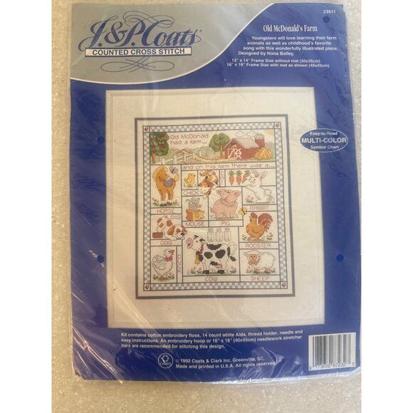 VTG J & P Coats Counted Cross Stitch Kit Old McDonalds Farm 12" X 14" Inc. Floss - Picture 1 of 2